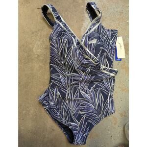 Gotttex One Piece Swimsuit Navy Tropical Leaf Print Wrap Style Size 8